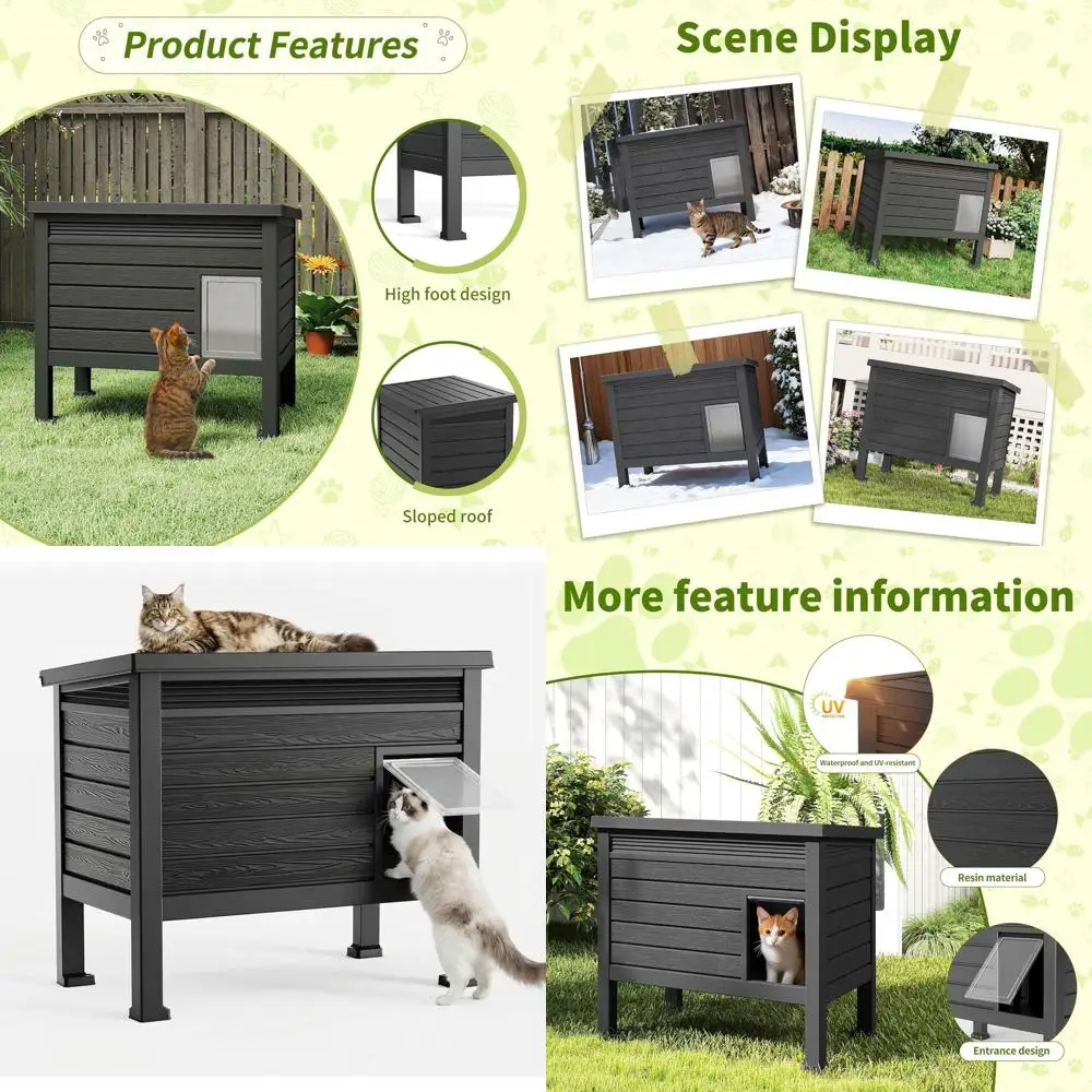

Weatherproof Resin PP and Wood Grain Outdoor Cat House with Gas Strut Lid for Safety and Comfort (Black)