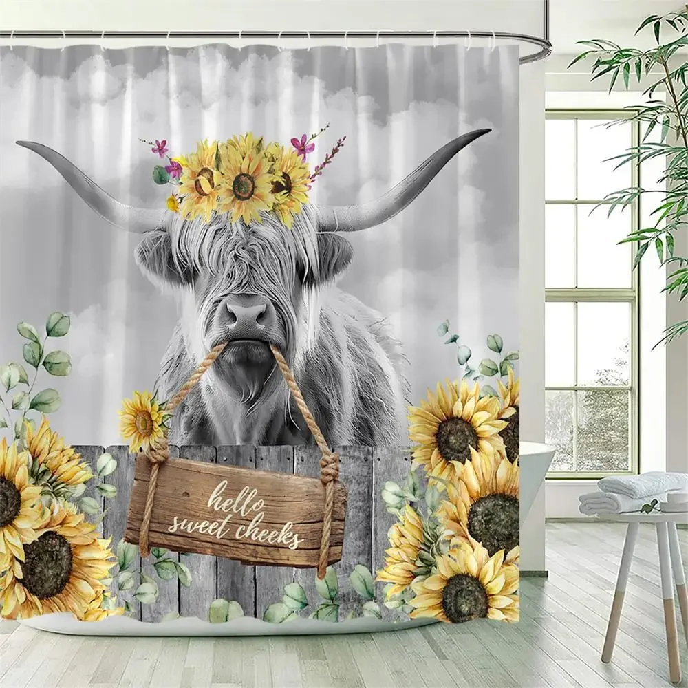 Funny Highland Cow Shower Curtain Farm Animal Sunflower Watercolour Flowers Farmhouse Polyester Fabric Bathroom Decor with Hooks