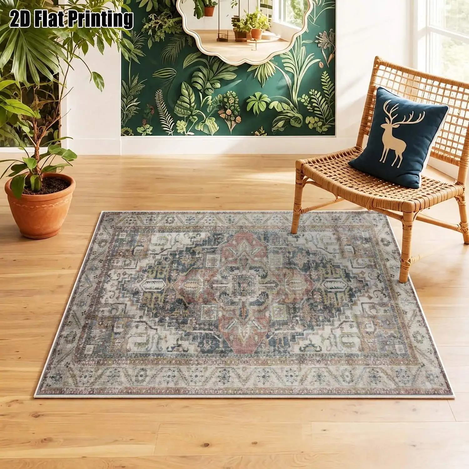 1Pc 2D Printed Retro Red-Brown Geometric Velvet Carpet, Vintage Boho European Style, Multi-Size, Machine Washable, for Entrance, Dining, Bedroom, Living Room, Home Decor