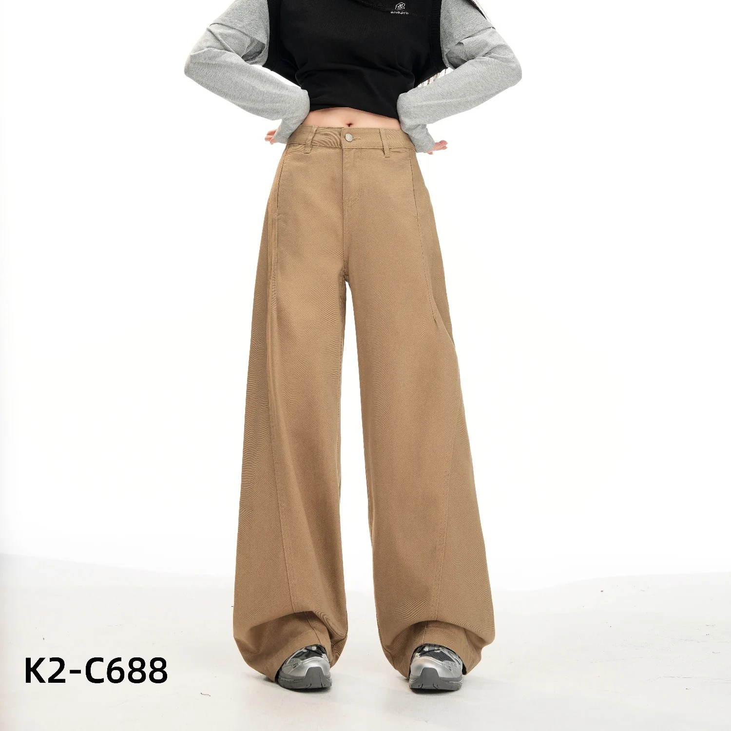 Khaki Women's Straight Leg Wide Leg Denim Pants Washed Vintage Casual Minimalist Straight-Leg Pants Autumn Loose Retro Trousers