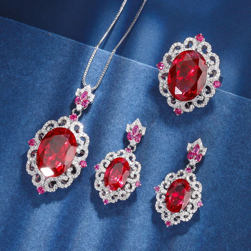 

EYIKA Luxury Rhodium Plated Rose Red Crystal Zircon Women Flower Jewelry Set Oval Imitated Ruby Gemstone Necklace Earrings Ring