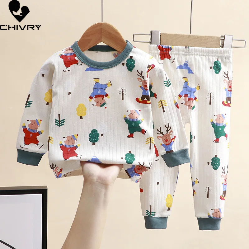 Conjuntos de pijamas de otoño para niños y niñas, ropa de dormir con estampado de dibujos animados, camiseta de manga larga con cuello redondo y pantalones para recién nacidos, 2023