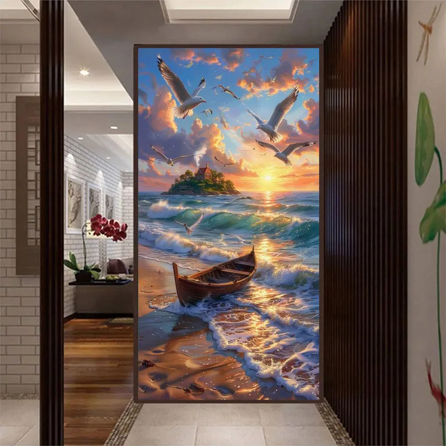 

Sunset Scenery Seagulls Wooden Boat Large Size Diy Diamond Painting Kits Full Square Round Drill Mosaic Embroidery Picture