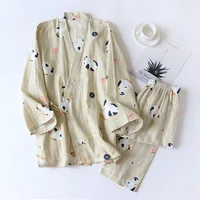 New Japanese-style kimono two-piece couple pajamas cover men and women pure cotton gauze cute kitten thin home service plus size - Image 4
