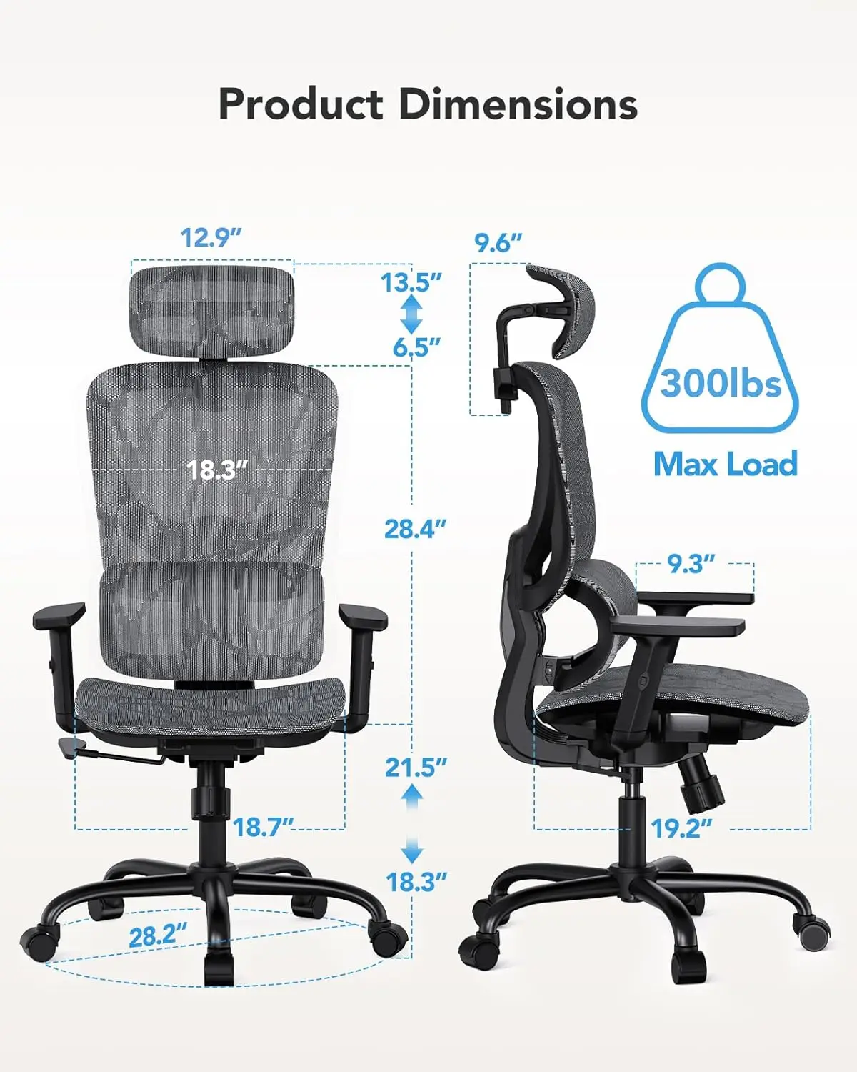 Huanuo Ergonomic Mesh Office Chair, High Back Desk Chair With 5-Level Lumbar Support, Adjustable Headrest, Armrests, Rocking