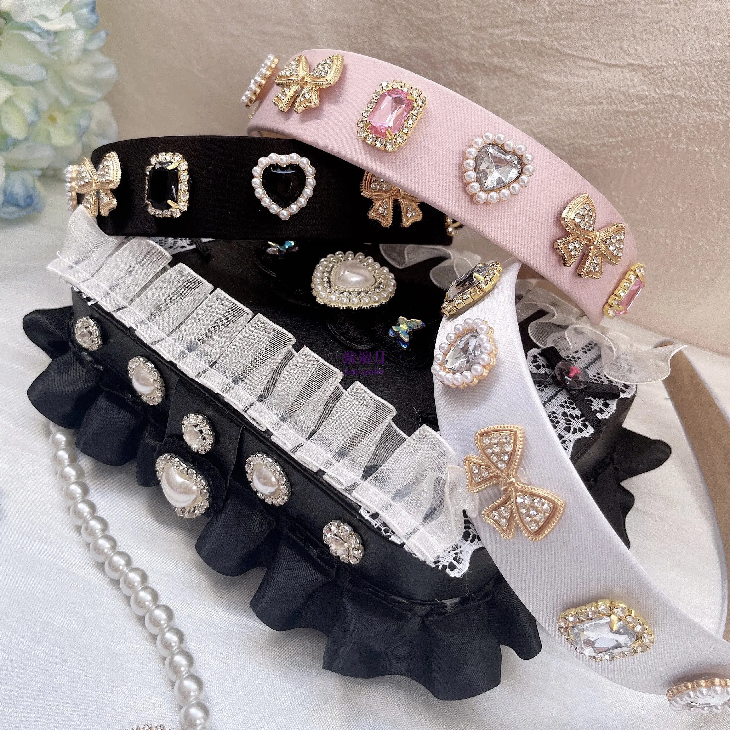 Bandeau rectangulaire en forme de cœur pour fille, fait à la main, Style japonais, mignon, pour femmes, douce Lolita, nœud en strass, pince à cheveux, accessoire