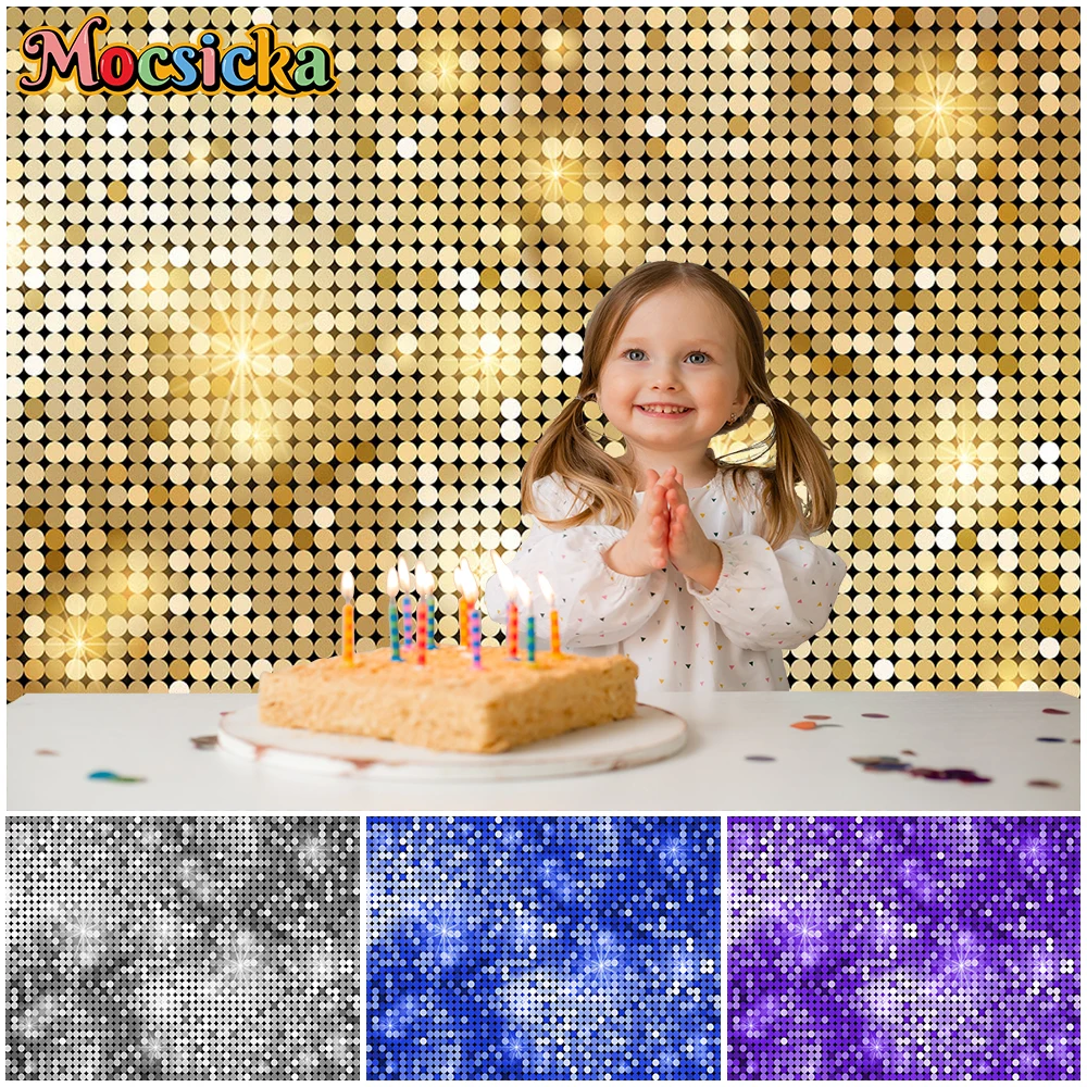 

Mocsicka Party Photography Backdrops Happy Birthday Child Baby Portrait Photo Background Wedding Gold Shining Decorations Banner
