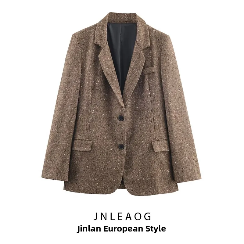 

JNLEAOG Autumn New Women's Faion Mixed Woolen Twill Suit Jaet Versatile Windproof Long Sve Busin Casual Outerwear