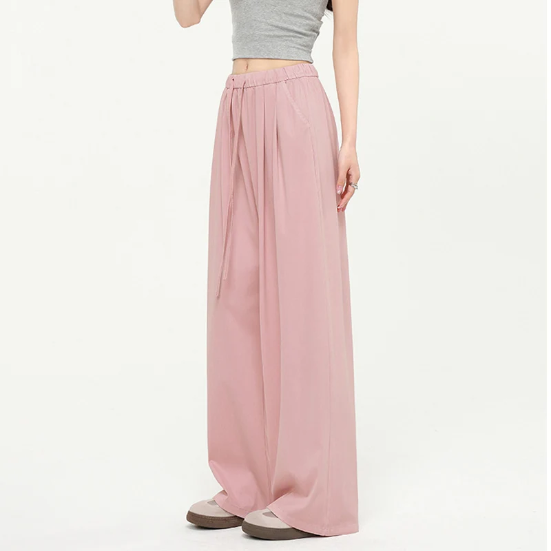 

Осень 2024, розовые прямые джинсы для женщин, свободные удобные драпированные широкие джинсовые брюки, женские повседневные брюки с карманами и шнурком