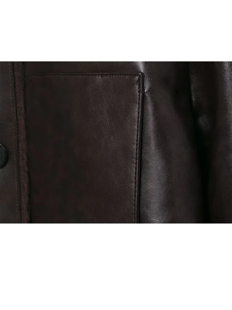 Damska elegancka dwustronna kurtka ze sztucznego futra, modna, z wysokim kołnierzem, zapinana na jeden guzik, z kieszeniami, zdobiona, z długim rękawem, ciepły płaszcz zimowy.