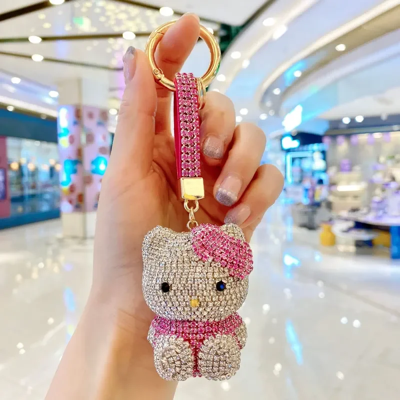 Kawaii Sanrio Hello Kitty Diamond Keychain Fashionable Women\'S Bag Pendant Cute Doll Car Keychain Ring Small Gift