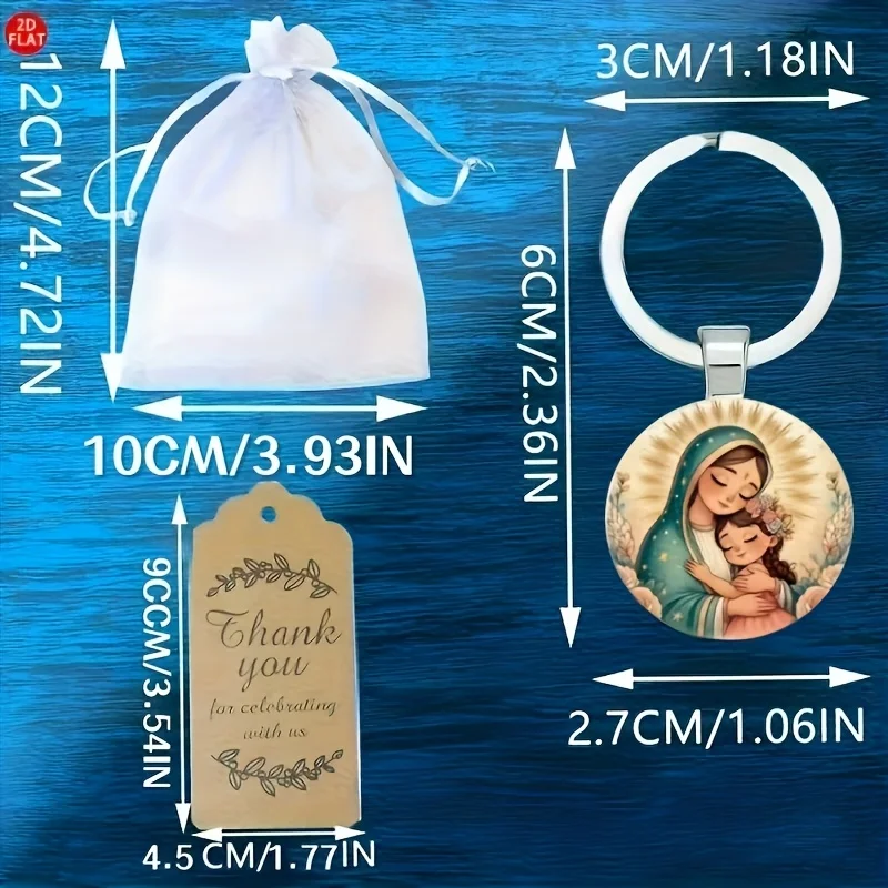 36 Stück/12 Sets Schlüsselanhänger mit Jungfrau Maria und Engel-Medaillen, inklusive Dankeskarten und Taschen für Taufe, Kommunion, Hochzeit, Firmung – Detail 1
