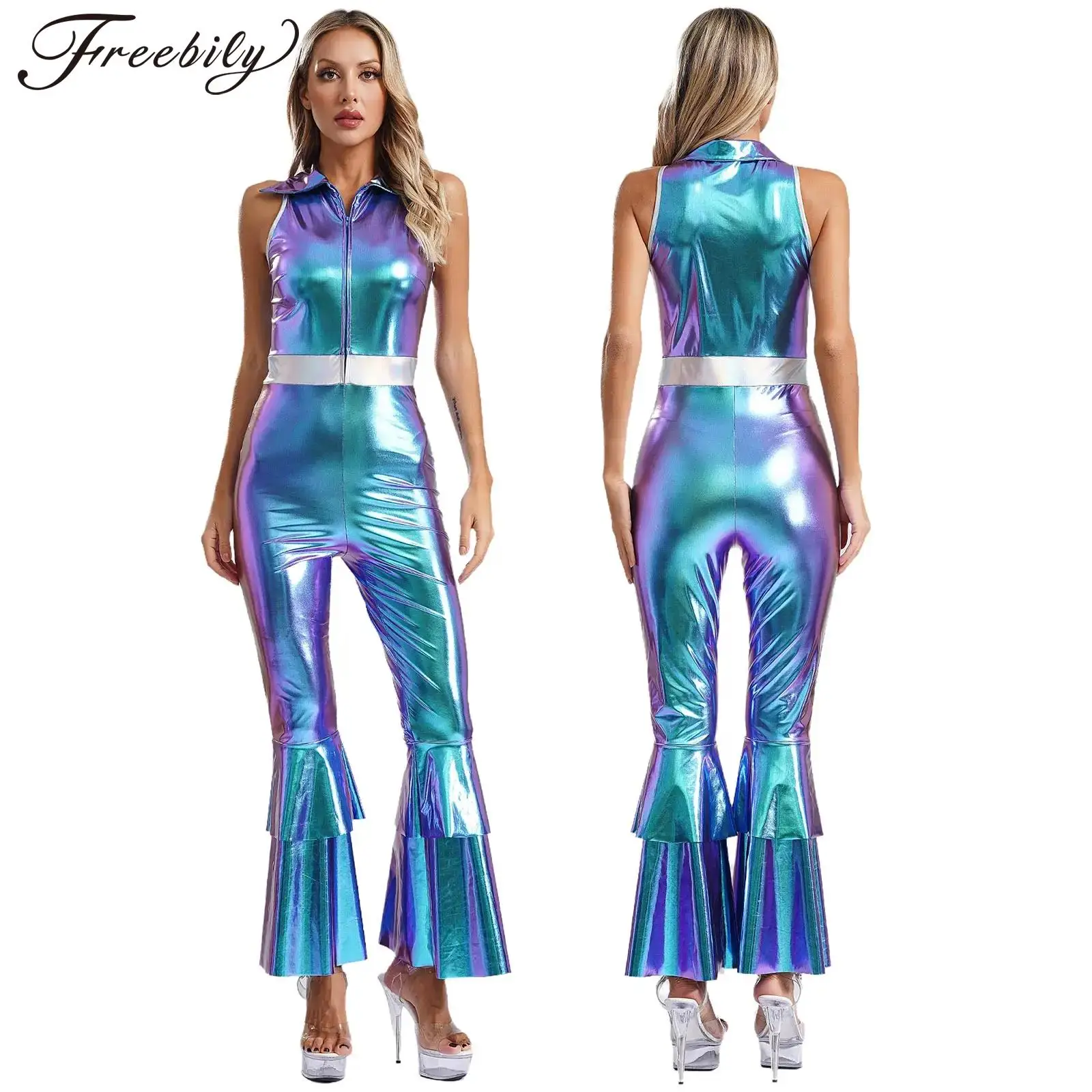 Women Retro 70s Disco Jumpsuit Sleeveless Metallic Shiny Flared Bodysuit Halloween Hippie Cosplay Costume Pole Dance Leotard