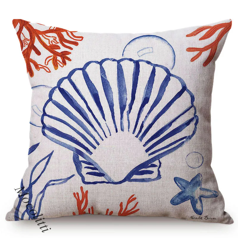 Blue Ink Painting Cushion Cover Nautilus Ocean Conch Lobster Home Decoration Square Pillowcases Cotton Linen Sofa Pillow Cover