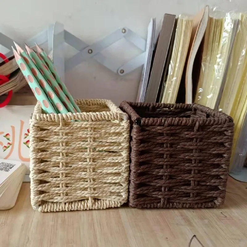 Korean Style Imitation Rattan Desk Organizer Multifunctional Pen Pencil Storage Basket For Student Office Stationery Arrangement