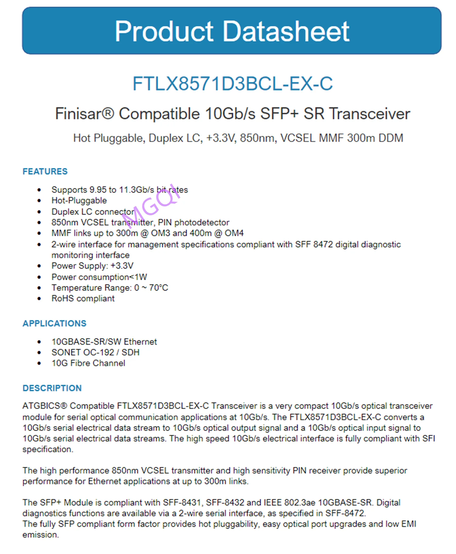 Finisar Sfp Sr 10G Transceiver/FTLX8571D3BCL-EM/850nm 10G Fiber Module Sfp +/Sfp 10Gb Module Schakelaar