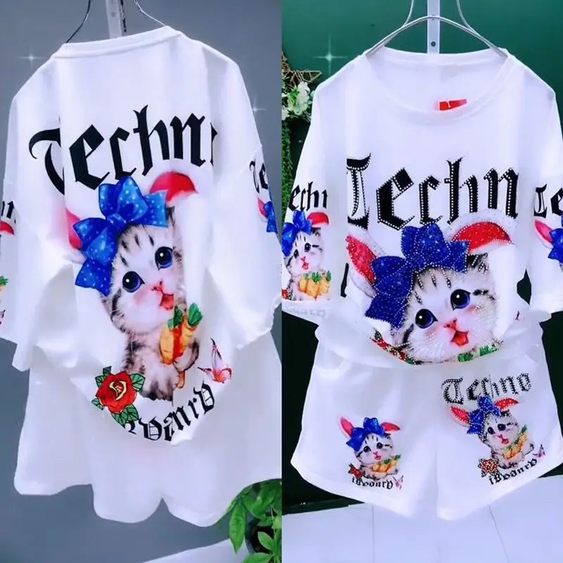 Fashion plus size summer new women's printed rhinestone short sleeved top+shorts two-piece set