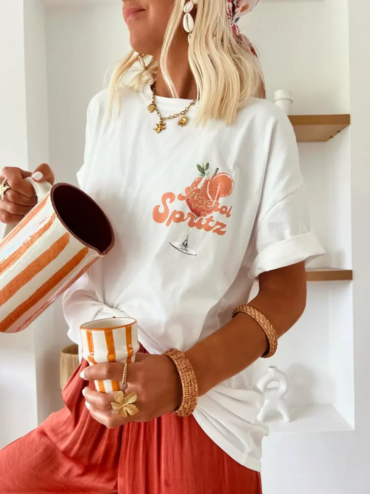JHYF American Retro Vintage Design Interest Fruit Orange Juice Print Spicy Girl Loose Short Sleeve T-Shirt Women Street Style...