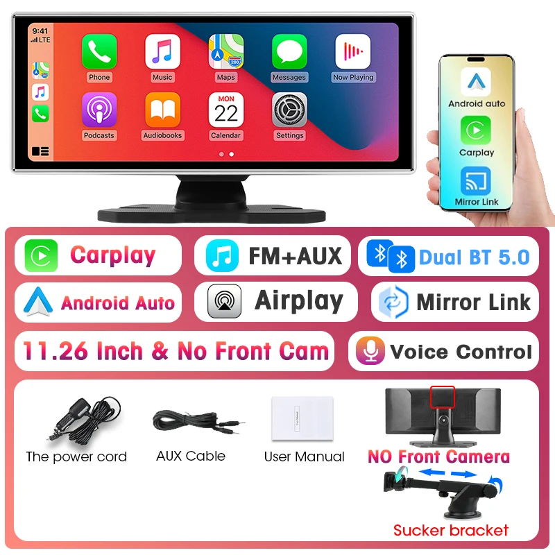 11,26 inch Dash Cam 4K Auto DVR Draadloos Carplay & Android Auto GPS-navigatie Videorecorder Dashboard Dubbele lens Wifi AUX FM