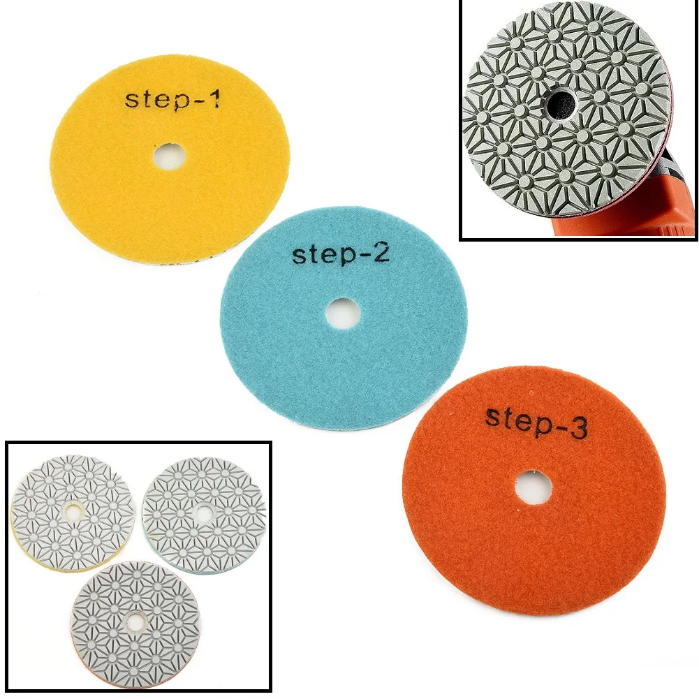 3Pcs 4 Inch Dry/wet Diamond 3 Step Polishing Pads Granite Polishing Tool Diamond Wet Polishing Pads Discs Stone Grinding Tool