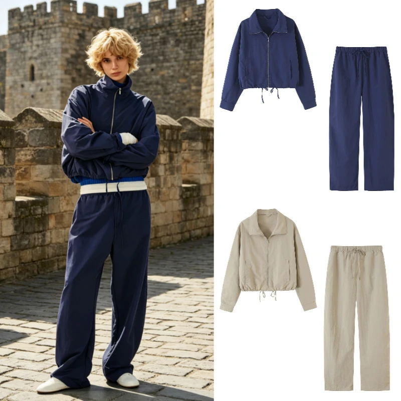 Women's 2 Piece Set 2026 New Fashion Mid-Rise Tech Fabric Pants Elastic Waist Long Sleeve High Neck Jacket Matching Outfit