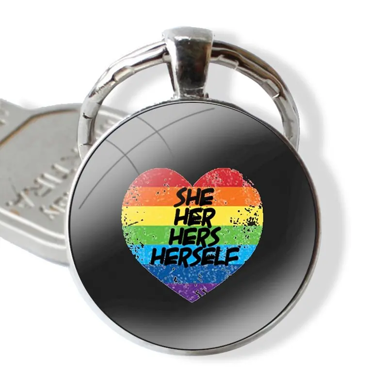 She They He Pronouns Rainbow Ask Me Keychain Handmade Glass Cabochon Key Ring Holder Pendant Key Chains