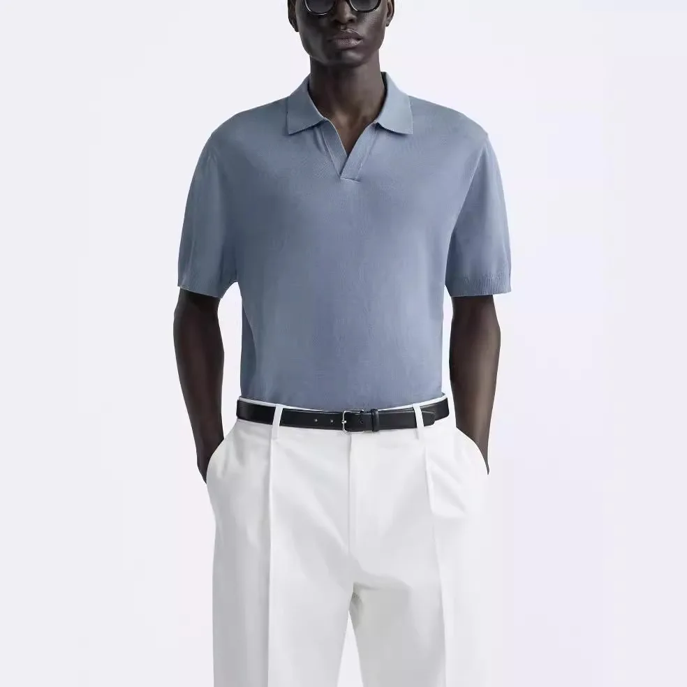 

Men's textured knitted business collar short sleeved polo shirt