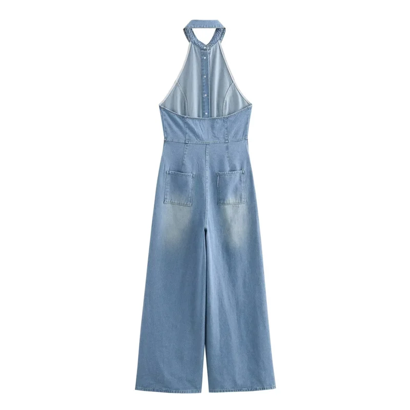 Summer Women's Hanging Neck Collar Denim Jumpsuit 2024 New Casual Fashion Retro Backless Sleeveless Denim Jumpsuit