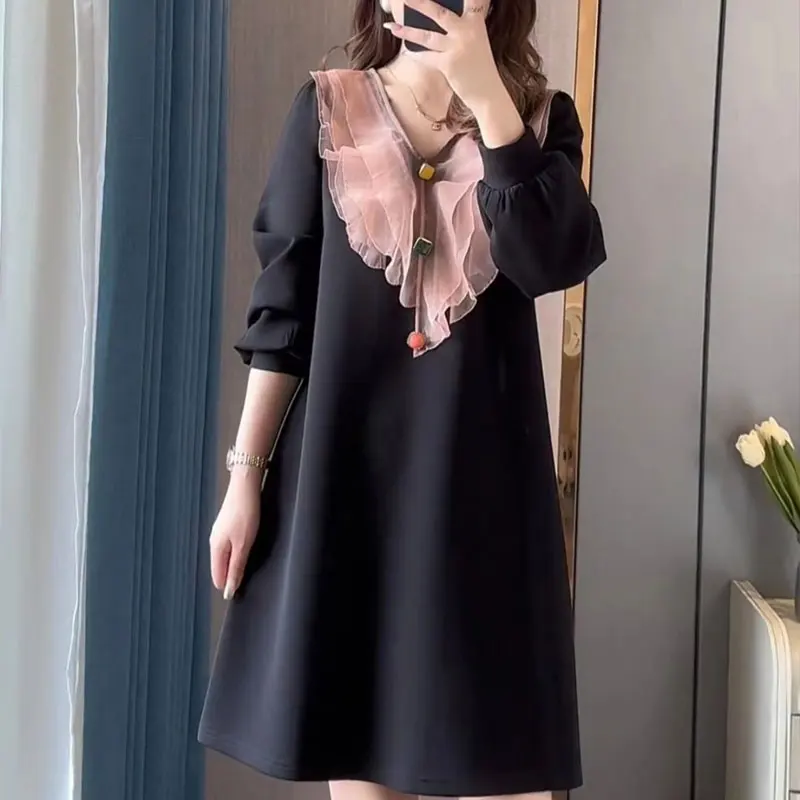 Commute Elegant Ruffles Spliced Midi Dress Button Spring Autumn Casual V-Neck Female Clothing Basic Long Sleeve A-Line Dresses