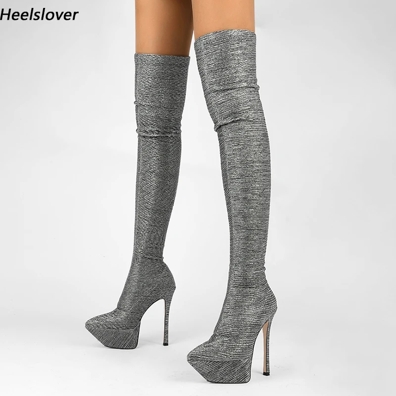 

Ahhlsion Women Spring Over Knee Flexible Boots Thin High Heels Pointed Toe Pretty Silver Party Shoes Ladies US Size 5-13