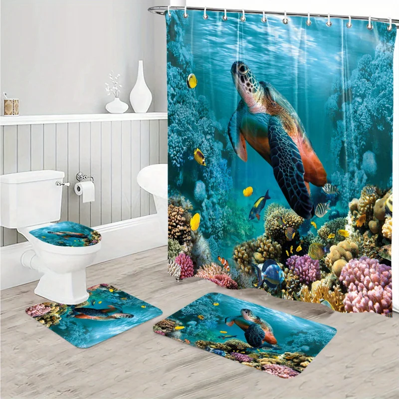 1/4pcs of artistic series ocean seaweed shower curtain set with anti-slip rug, creative sea turtle