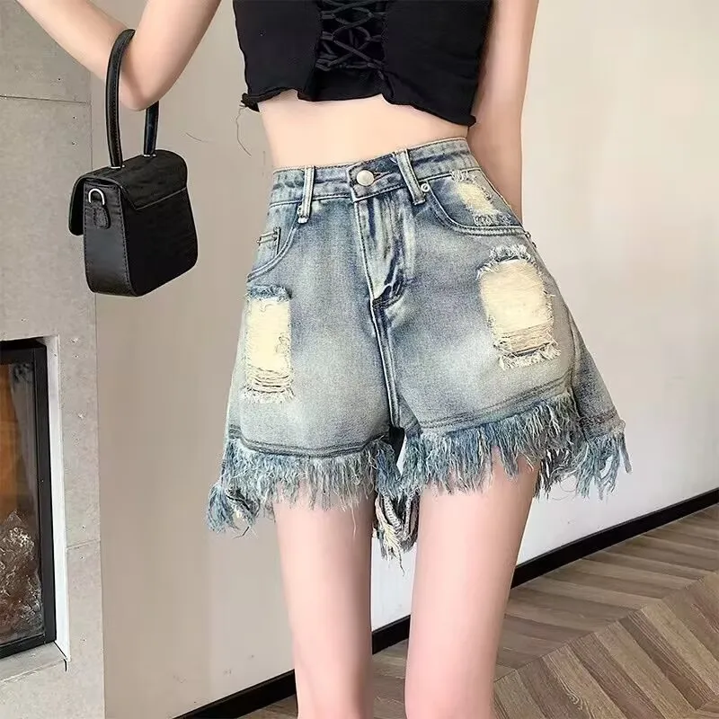 

New Tassel Ripped Denim Shorts Women 2025 Summer A-Line High-waist Wide-leg Blue Shorts Vintage Destroyed Hole Baggy Jeans Pants