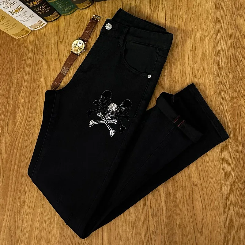 Black Ripped Denim Trousers Men's High-End Street Fashion Printing Design Slim Fit Feet 2024 New Men's Pants