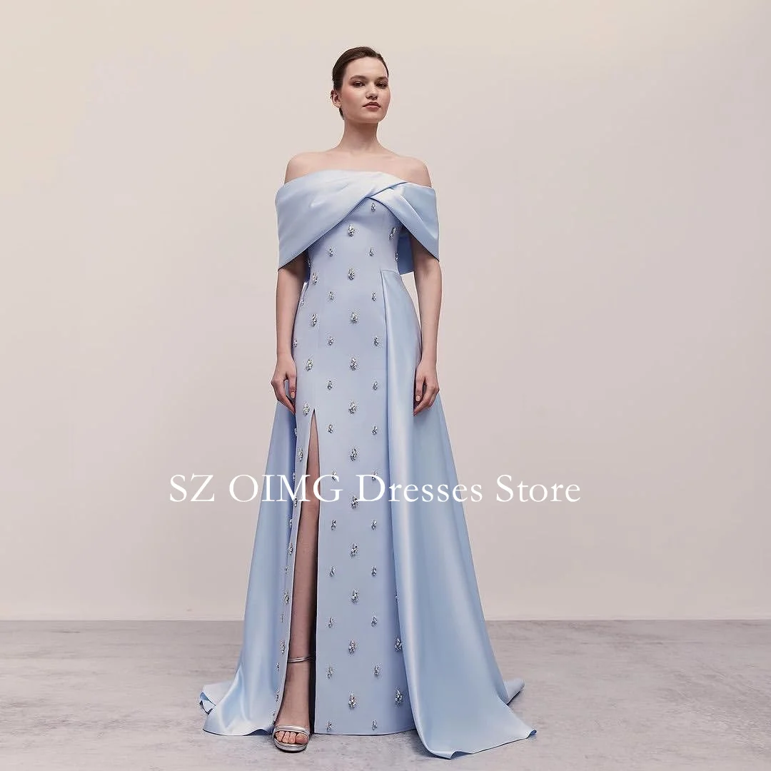 OIMG New Design Off-Shoulder Slit Prom Dresses with Crystals Saudi Arabic Women Sky Blue Satin Evening Gowns Formal Party Dress