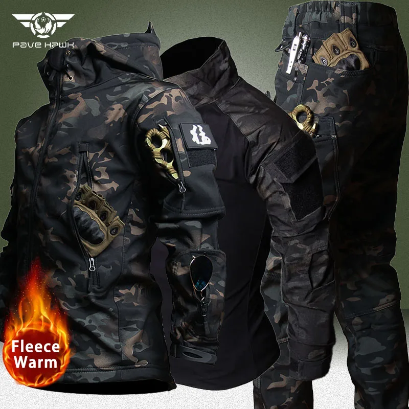 Black Camo 3 Pcs Sets Men Army Soft Shell Hooded Jacket+Breathable Long Sleeve Tshirts+Multi-pocket Straight Pants Cargo Suits