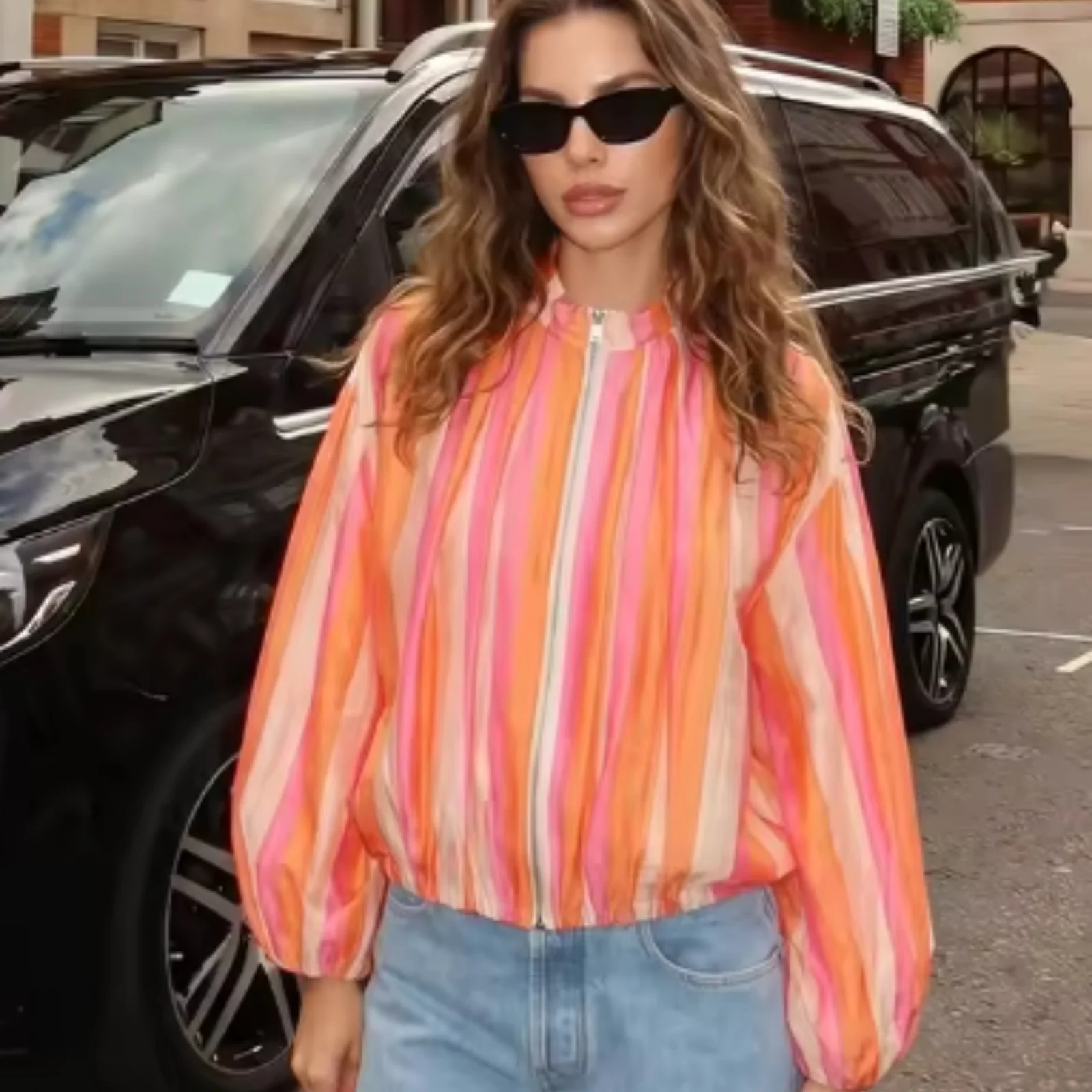 Women's Jacket 2026 Summer New Colorful Stripe Pilot-Style Chic Fashion Patchwork Long-Sleeve Stand Collar Women's Jacket