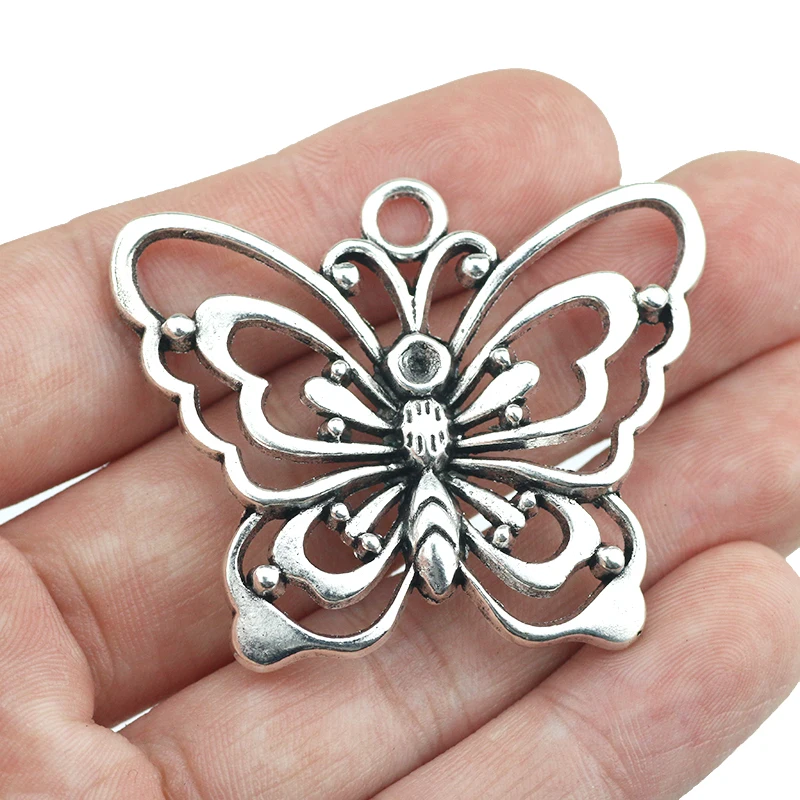 2 Pieces 39*47mm Antique Silver Color Hollow Butterfly Charms  Necklace For DIY Jewelry Making