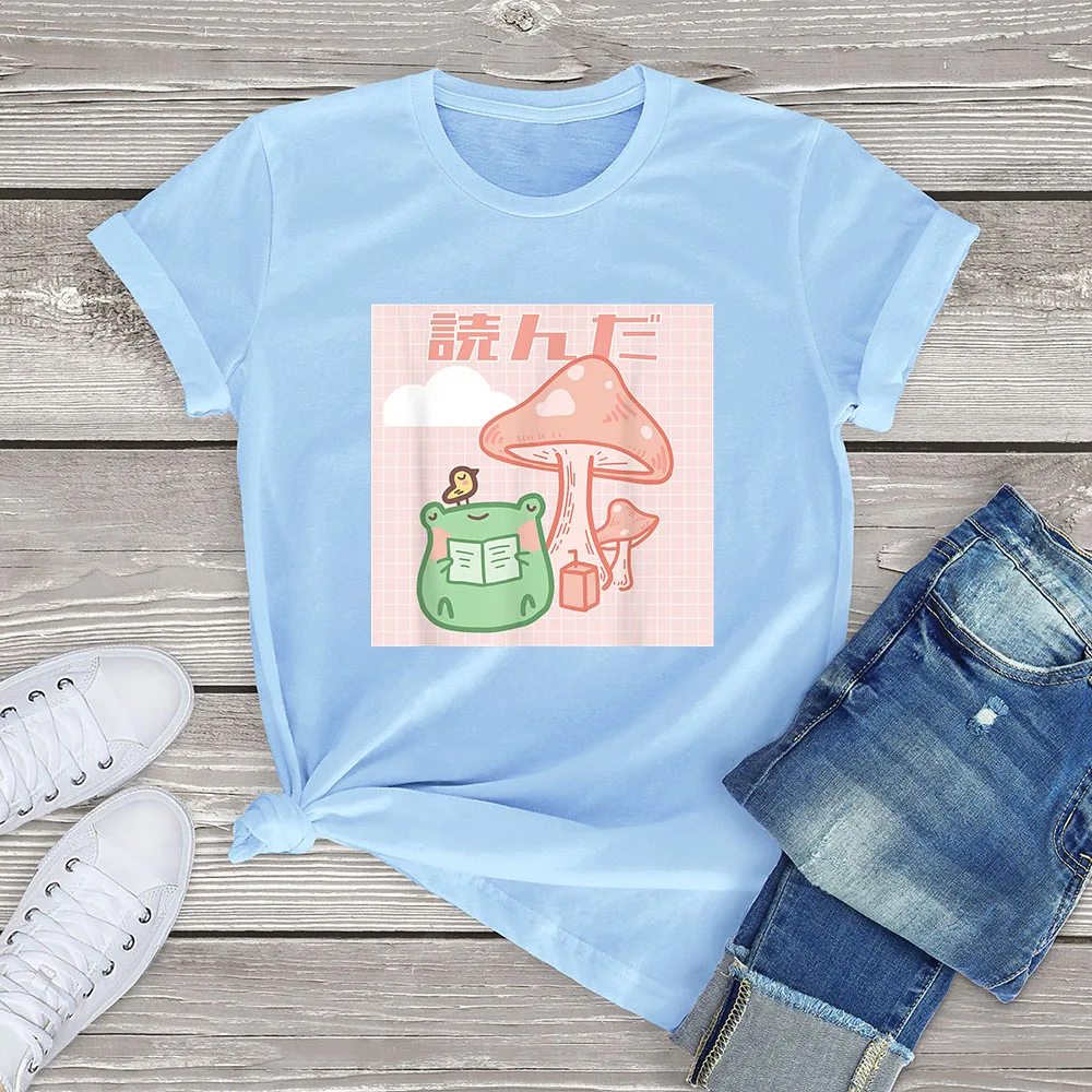 

FLC 100% CottonFunny Cottagecore Frog Cute Kawaii Aesthetic Clothing Gift Women Casual T-Shirt Printed Top Short Sleeve Tee