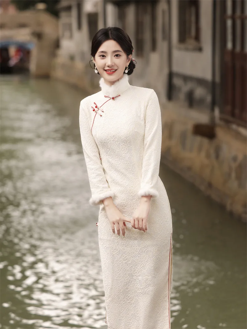 2024 شتاء جديد سميكة المخملية الجانب ثمانية أزرار طويلة شيونغسام الوقوف طوق مزاجه المرأة فستان تشيباو #6