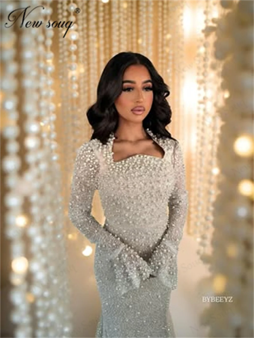 

Customized Pearls Mermaid Long Evening Dresses Puffy Long Sleeves Muslim Women Prom Dress Wedding Party Gowns Vestidos De Cóctel