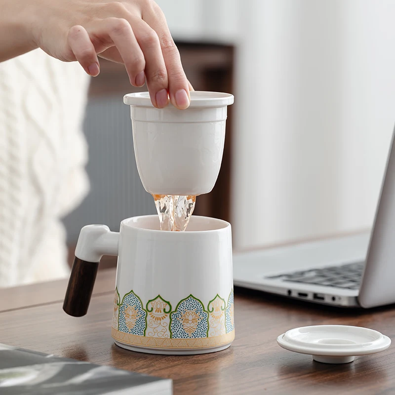 

Chinese Style Tea Filtering and Separation Cups, With Cover White Porcelain Personal Mug, Home Drinkware Ceramic Office Cup, 1Pc