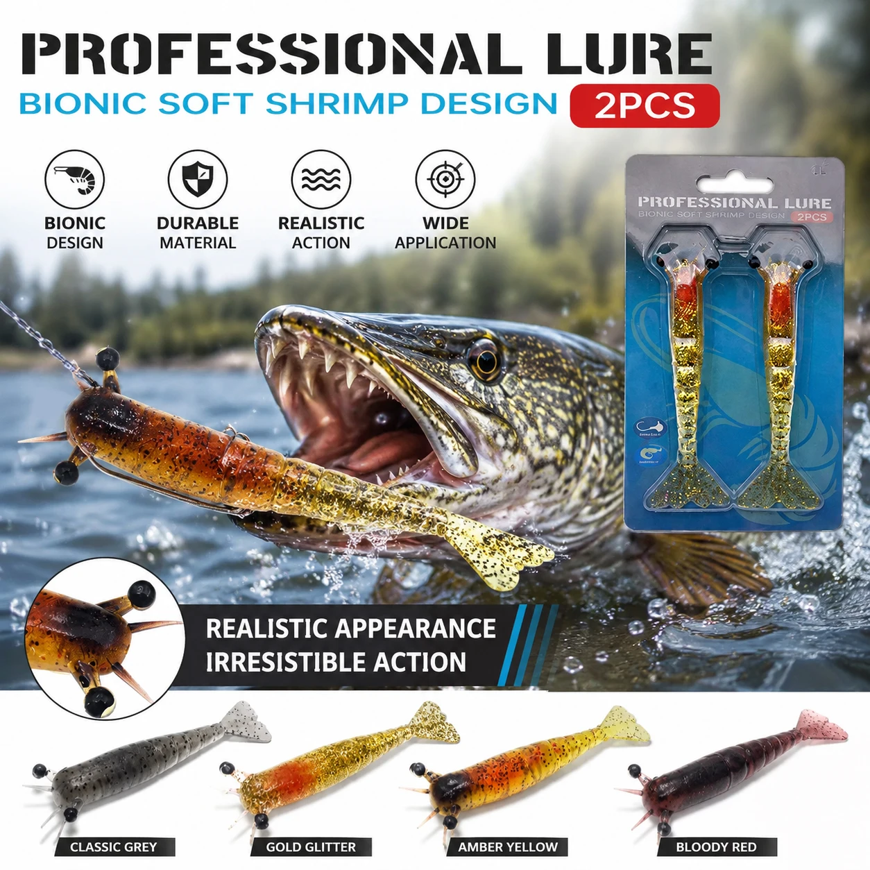 2PCS Sinking Armored Shrimp Soft Lures Set Realistic Prawn Swimbait Box Fishing Bait for Freshwater Saltwater Casting Tackle Kit