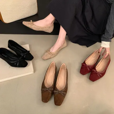 2026 New Spring Butterfly-knot Women Ballet Flats Square Toe Slip On Shoes Soft Leather Eelgant Party Dress Mary Jane Shoes