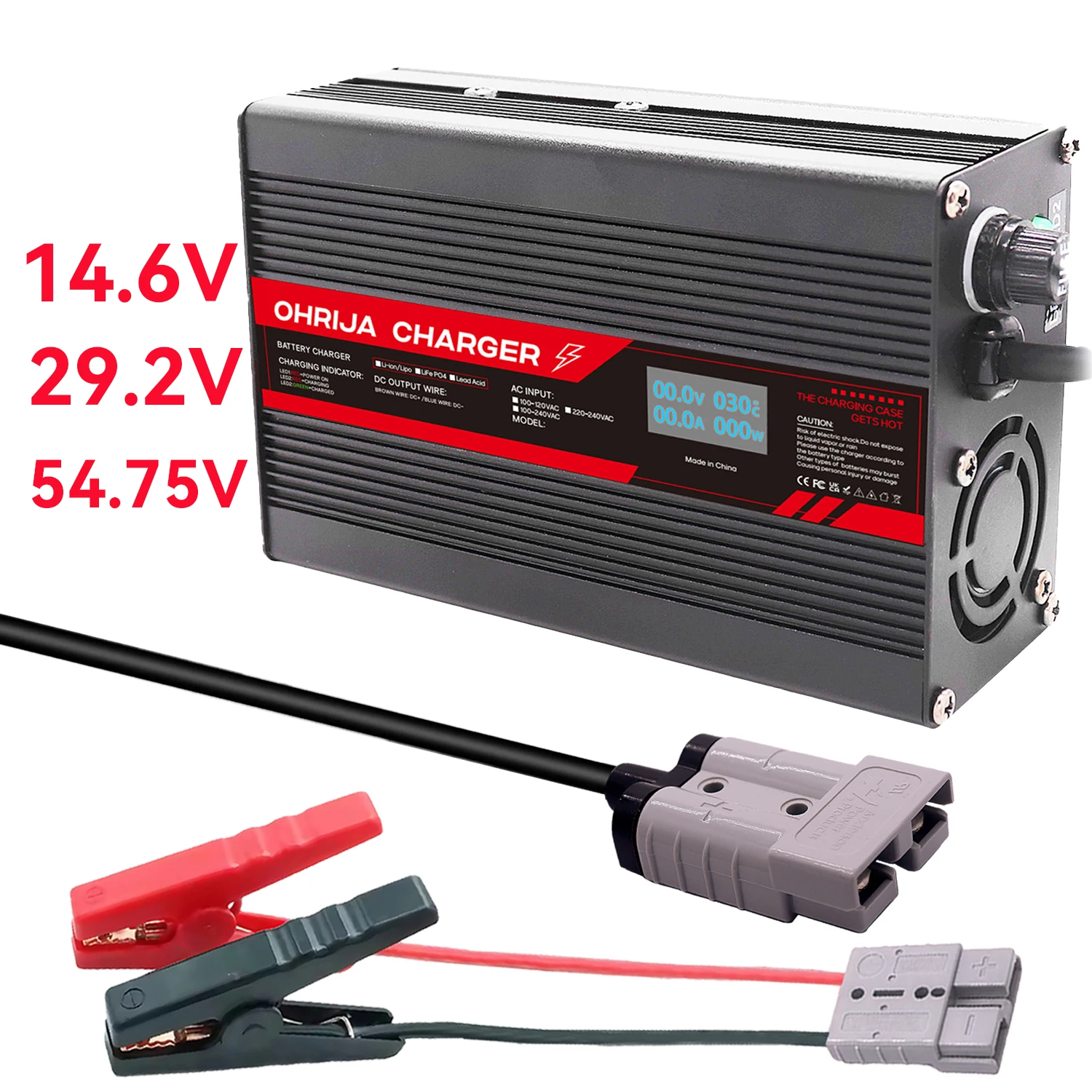 OHRIJA 14.6V 29.2V Lifepo4 Charger 12V 24V 10A For 4S 12.8V Lifepo4 Battery Charger Anderson 50A 29.2V 54.75V  Display Charger