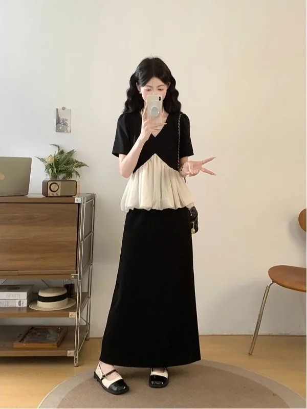 

plus Size Fashionable Set Summer New Design V-Neck Ruffle Splice Short Sleeve High Waist Skirt Korean Style Loose Fit