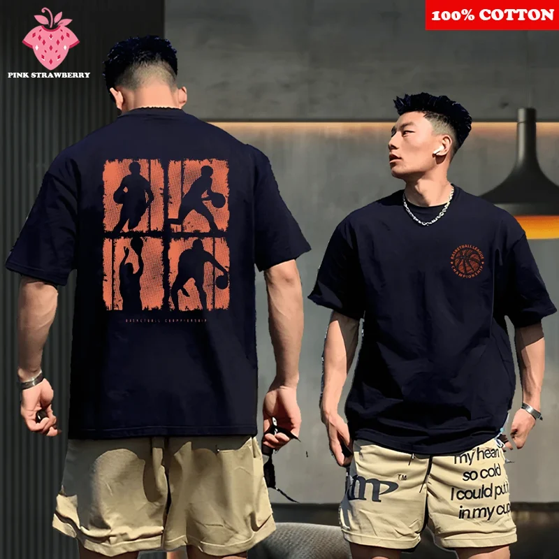 

100% Cotton Basketball Sports Print T-shirt Men's Summer New Casual High quality Short Sleeve Tee Y2k Tops Street Mens Clothing