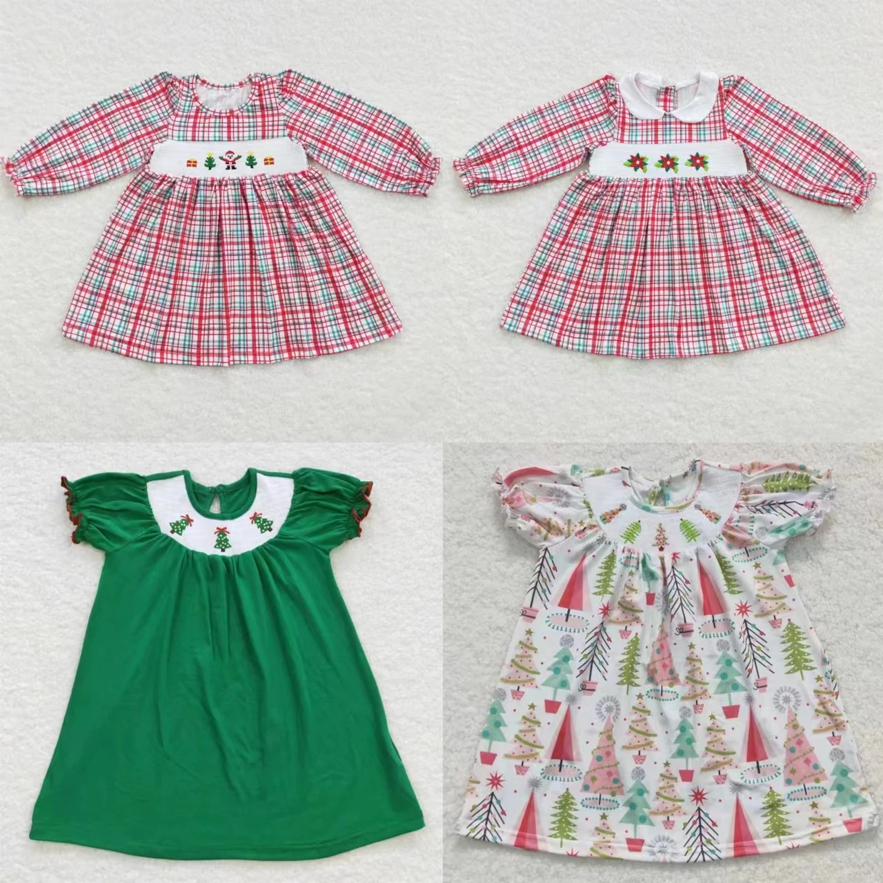 

Baby Girl Christmas Santa Tree Dress Infant Toddler Plaid Smocked Embroidery One Piece Kids Children Knee Length Clothes