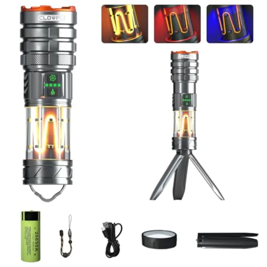 

Rechargeable Flashlight 11 Modes Tactical Camping Flashlight with Red-Blue Emergency Lights, 10000 Lumens 3 in 1 Portable Camp