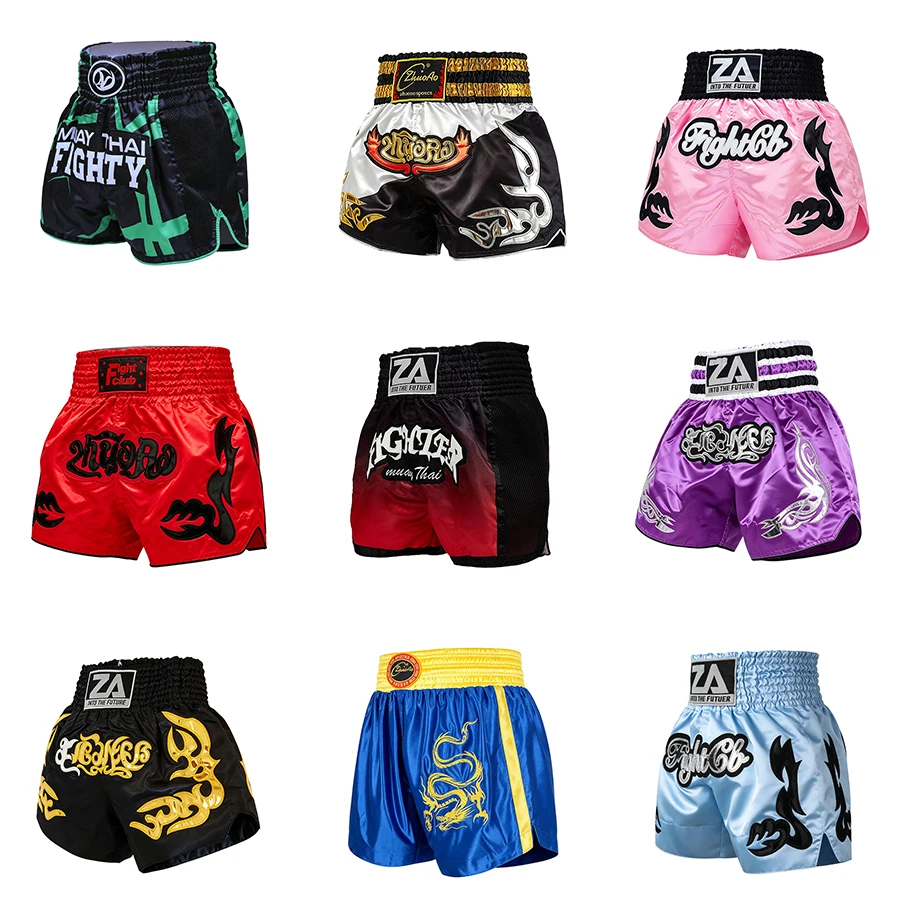 Herren Damen Kinder Muay Thai Boxshorts Bestickte Kampfshorts Satin Kickbox-Shorts für Kampfsportarten MMA Sparring Training