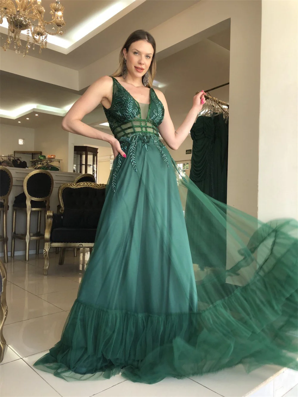 Sansa-Robe de Rhsexy à col en V, dos ouvert, ligne A, paillettes de cuir chevelu, vert noirci, 2023